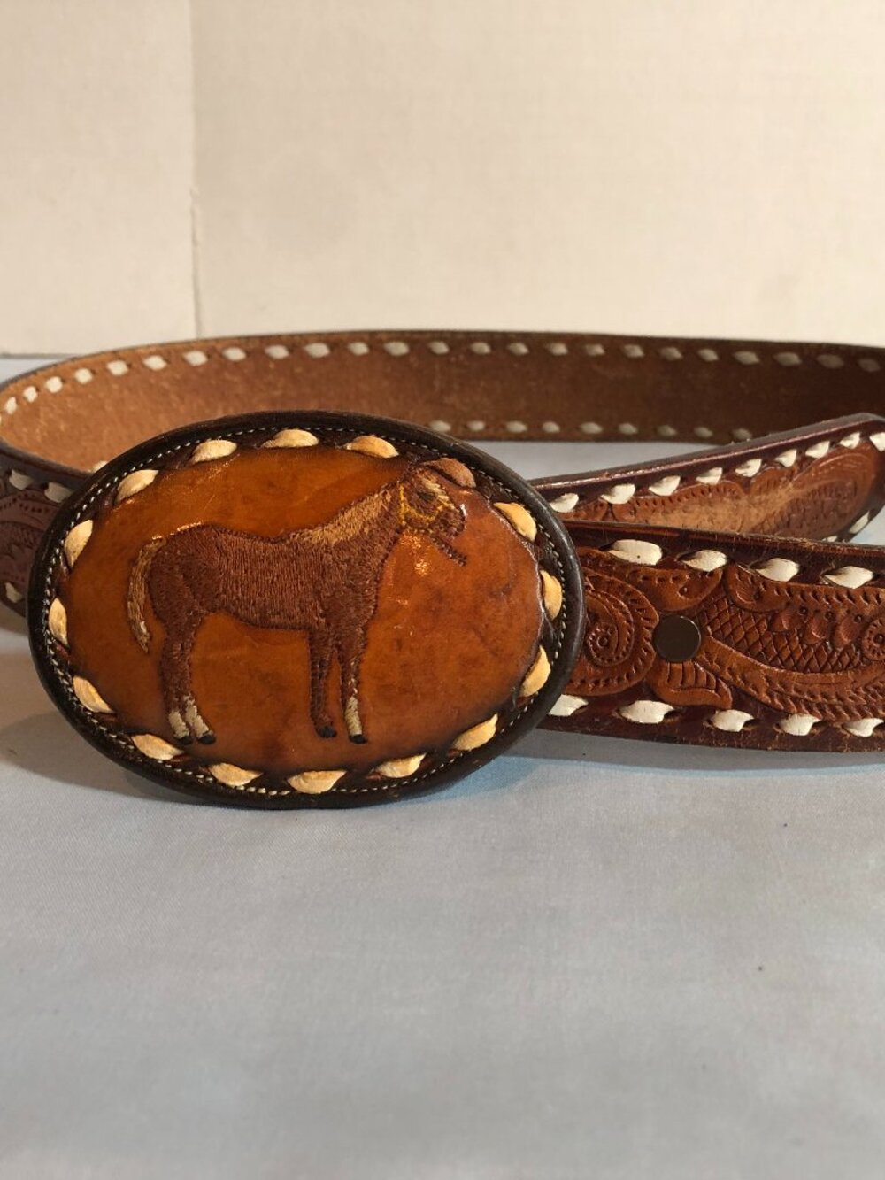 VINTAGE TONY LAMA 4814 Stitched LEATHER HORSE Belt Buckle Belt #F44